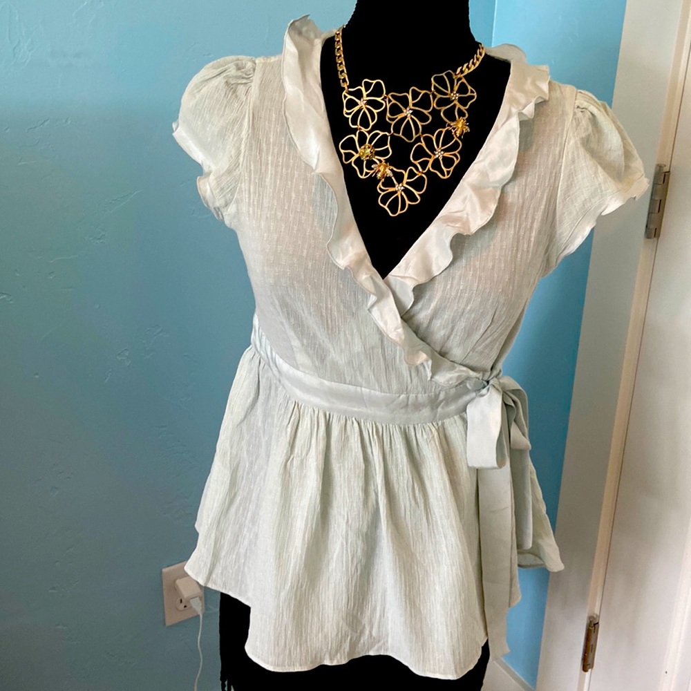Anthropologie Odille cotton wrap blouse with satin ruffle & tie - size 10